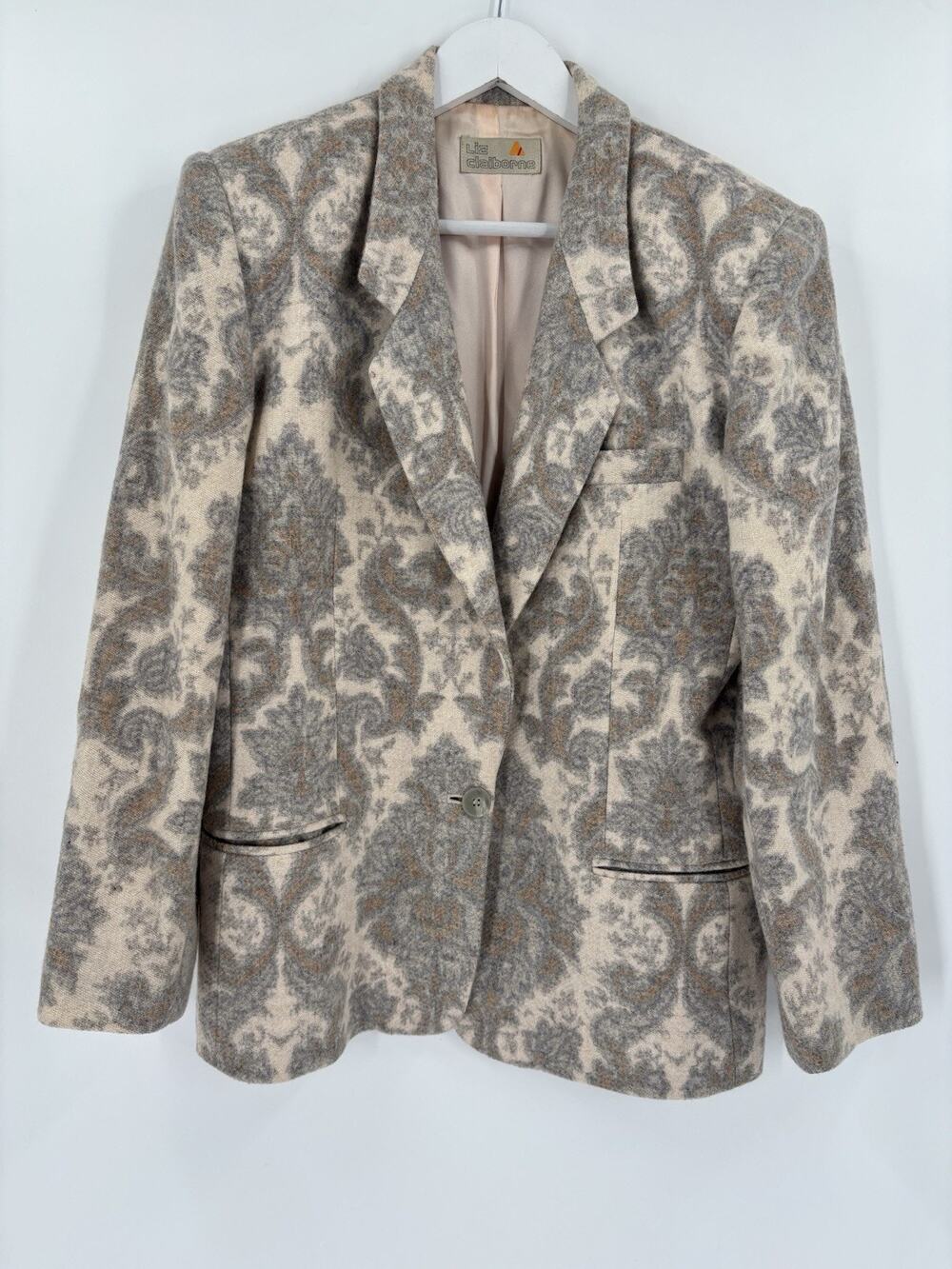 Vintage 80s Liz Claiborne Wool Blazer Floral Tapestry Womens 12 Neutral Jacquard